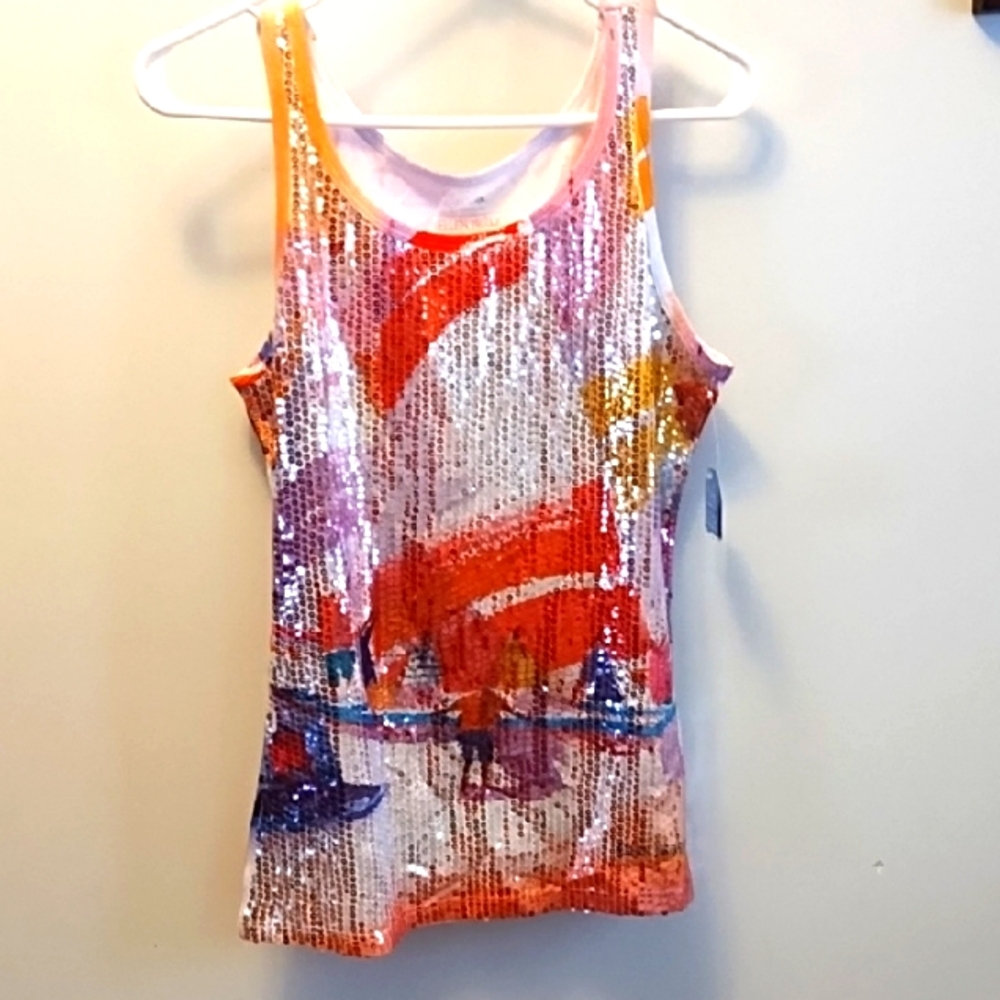 NWT Ellen Negley Sequin Tank Top with Abstract Design